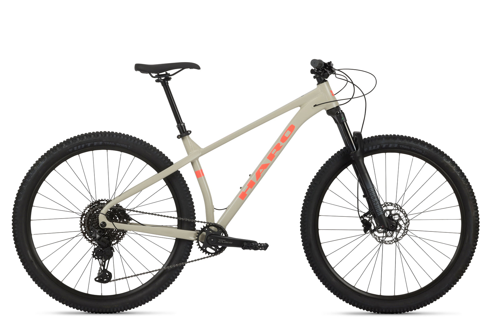The Double Peak 1 is a black mountain bike with blue HARO lettering, thick tires, Shimano disc brakes, Rock Shox Judy fork, and a straight handlebar.