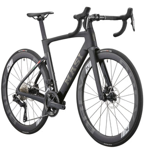 The EVOLUZIONE 1 is a sleek black carbon bike with drop handlebars, disc brakes, aerodynamic design, and MAST branding for high performance.