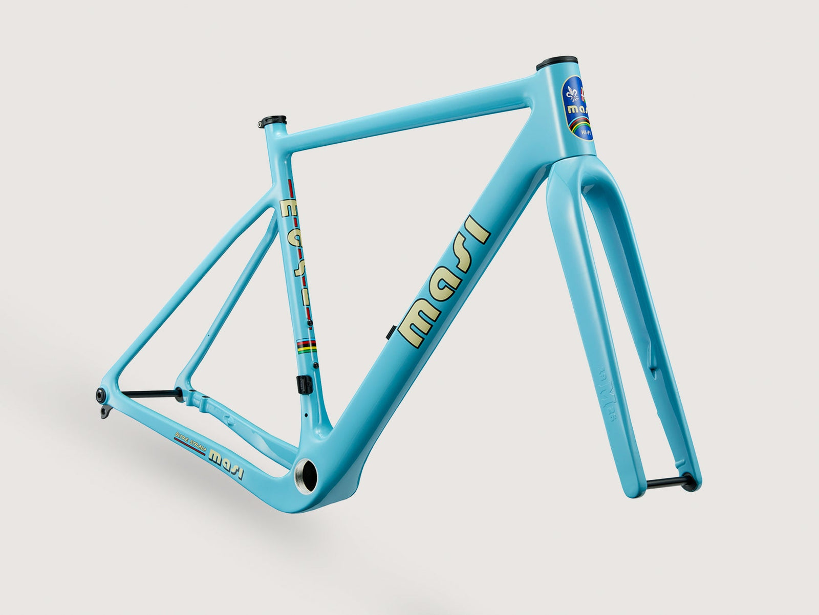Light blue Oltre Strada gravel bike frame with aero geometry, no wheels, pedals, or handlebars, on a plain white background.