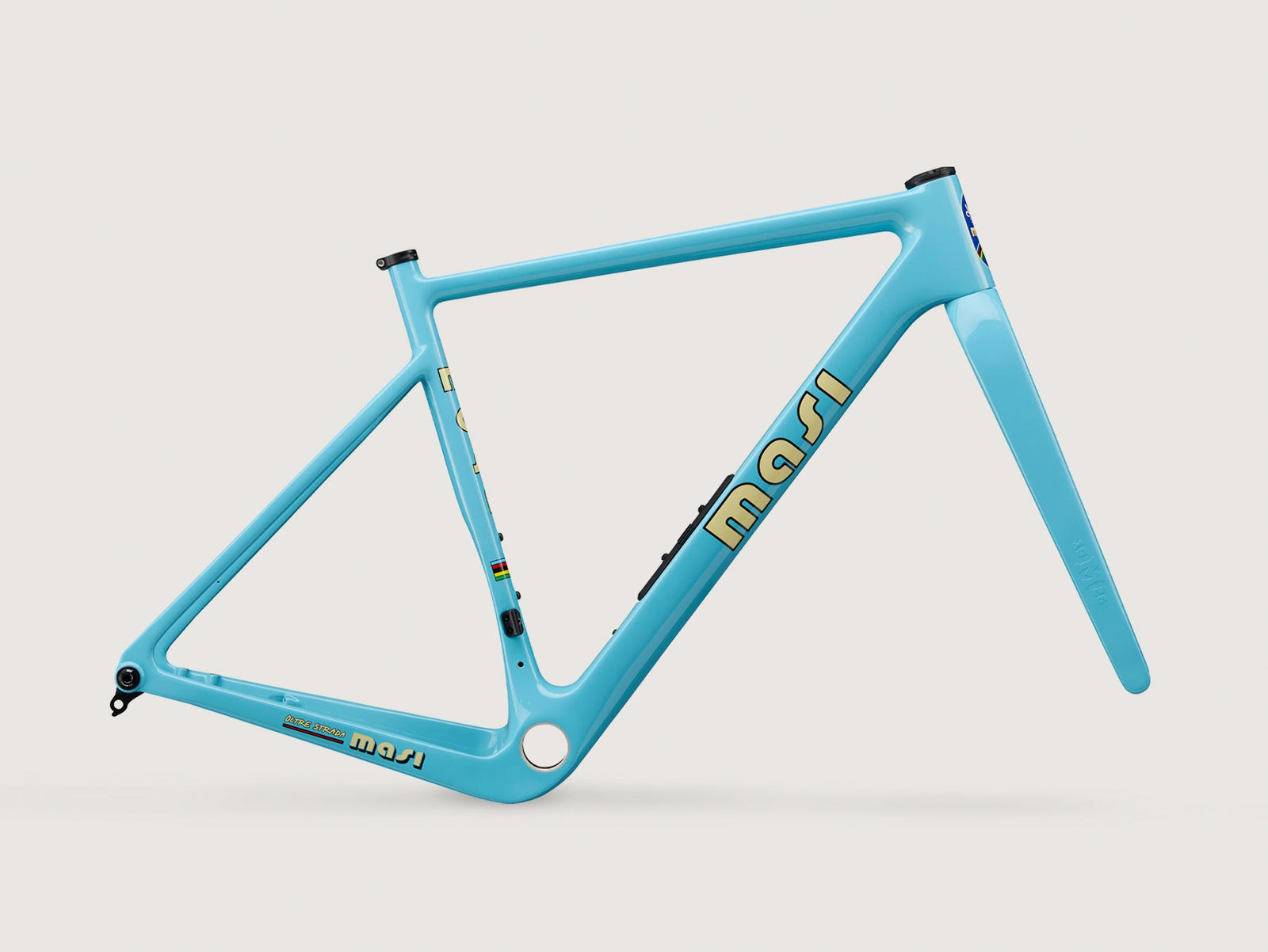 Light blue Oltre Strada gravel bike frame with aero geometry, no wheels, pedals, or handlebars, on a plain white background.