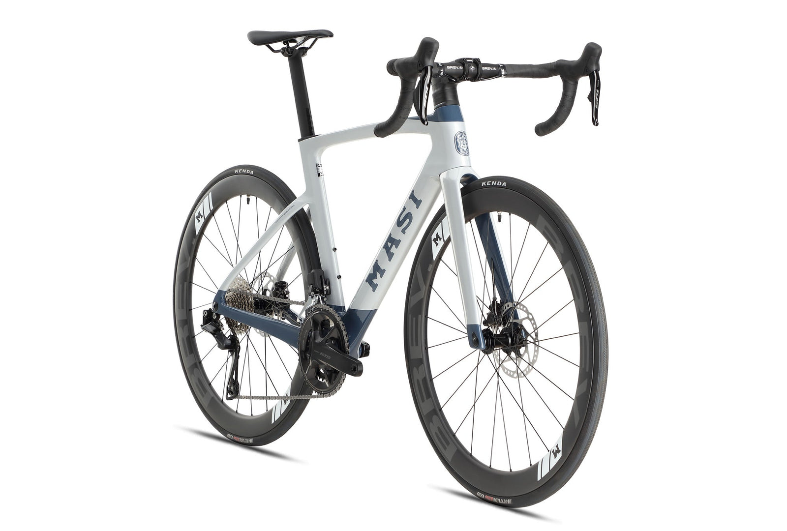 A sleek EVOLUZIONE 1 Carbon road bike by Masi Bikes, featuring a light blue and black frame with aerodynamic handlebars, disc brakes, and deep-section wheels for speed and efficiency.