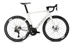 A sleek, modern road bike featuring a white frame with black aerodynamic wheels and a MAST logo. Its compact, angular design mirrors the style of Masi Bikes EVOLUZIONE 1 model, completed with a black saddle and handlebars.